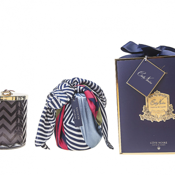 Côte Noire - Herringbone Candle With Scarf Eau De Vie- Navy & Dragonfly Lid