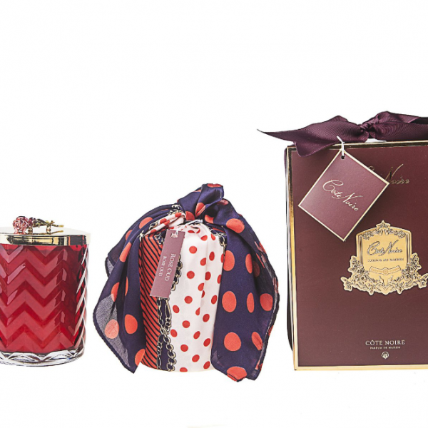 Côte Noire - Herringbone Candle With Scarf Rose Oud - Red & Red Rose Lid
